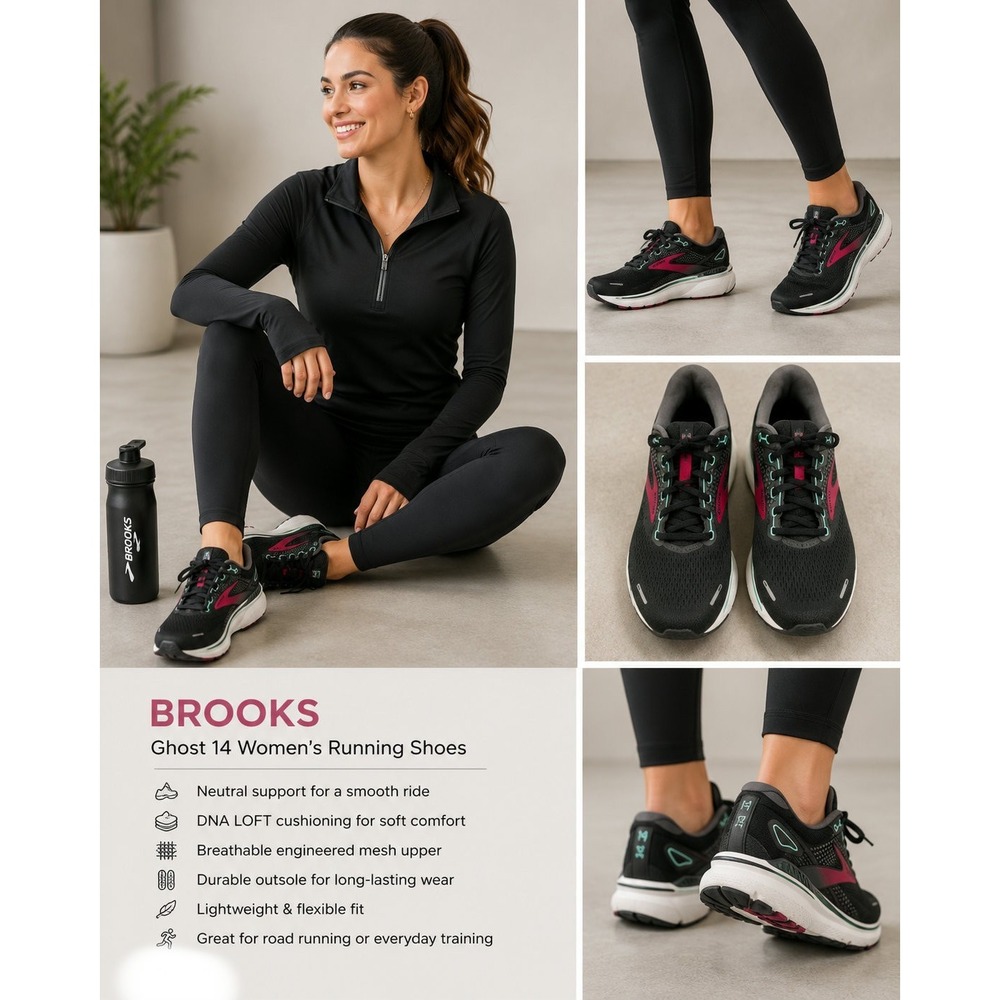 Brooks Ghost 14 Womens Running Shoes Black Pink Teal Sneakers Road Runner Size 9